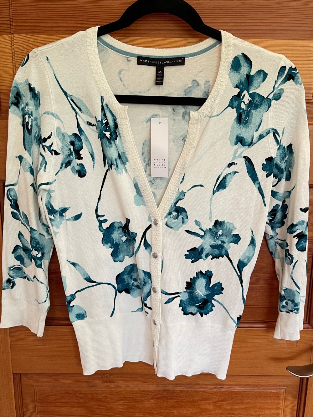 White House Black Market Ivory Cardigan with Teal Floral Print - NWT - XS